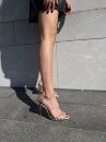 Zoe Taş Detaylı İnce Topuk 10 Cm Gümüş Şeffaf Topuklu Ayakkabı